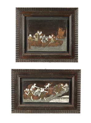 Lot 772 - A PAIR OF 18TH CENTURY ITALIAN INLAID PEWTER, COPPER AND IVORY PANELS