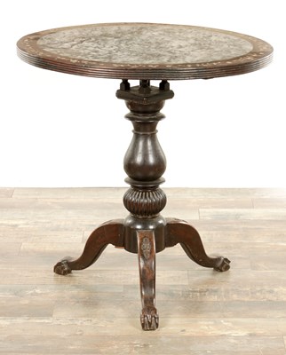 Lot 408 - A 19TH CENTURY CHINESE HARDWOOD AND CLOUD STONE INSET MARBLE CIRCULAR TABLE