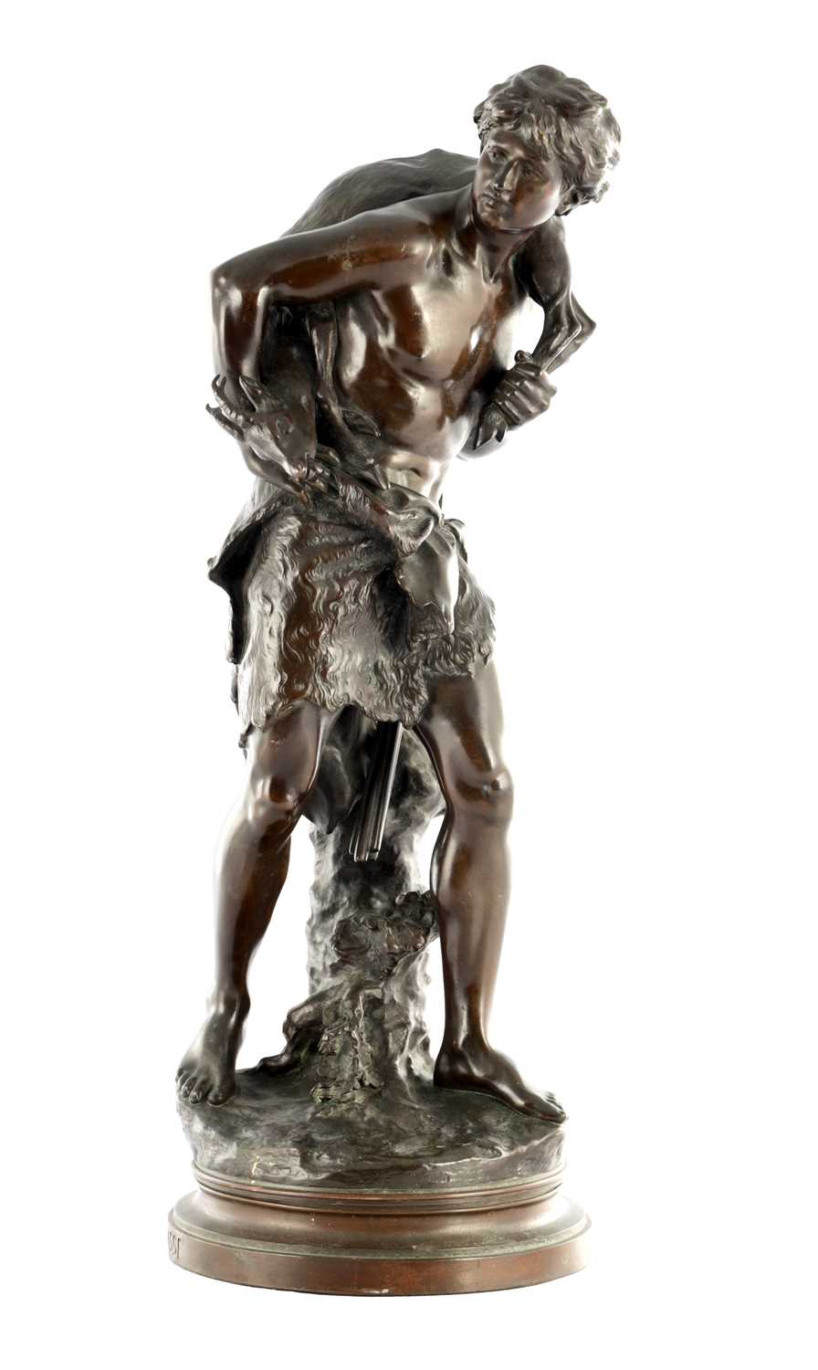 Lot 909 - MATHURIN MOREAU (1822 - 1912). A LATE 19TH CENTURY BRONZE STATUE, "LE CHASSEUR (THE HUNTER)