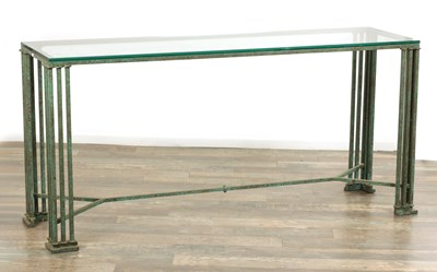 Lot 1739 - A 20TH CENTURY PATINATED BRONZE HALL TABLE WITH CLEAR GLASS TOP IN THE MANNER OF ALBERTO GIACOMETTI