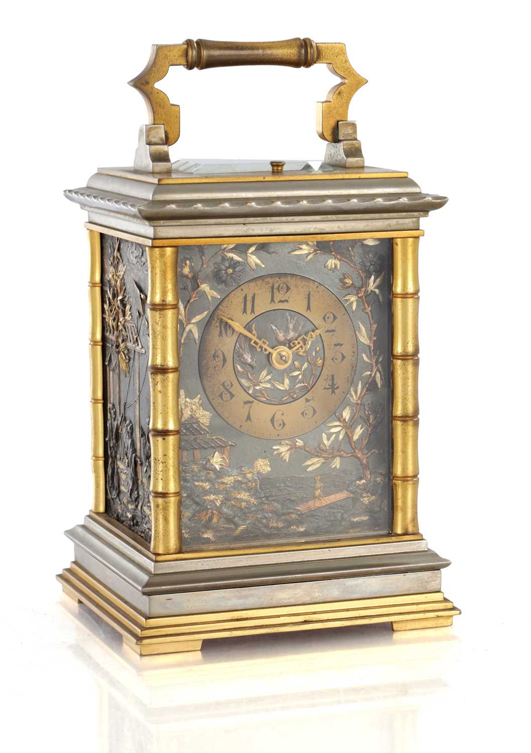 Lot 1551 - A FINE LATE 19TH CENTURY FRENCH REPEATING CARRIAGE CLOCK WITH BRONZE AND GILT HIGHLIGHTED ORIENTALIST PANELS