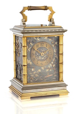 Lot 1551 - A FINE LATE 19TH CENTURY FRENCH REPEATING CARRIAGE CLOCK WITH BRONZE AND GILT HIGHLIGHTED ORIENTALIST PANELS