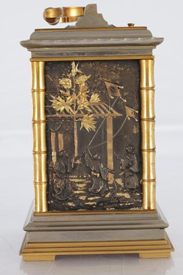 Lot 1551 - A FINE LATE 19TH CENTURY FRENCH REPEATING CARRIAGE CLOCK WITH BRONZE AND GILT HIGHLIGHTED ORIENTALIST PANELS