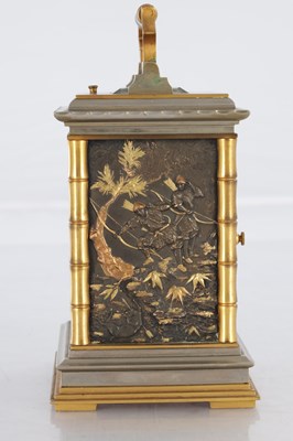 Lot 1551 - A FINE LATE 19TH CENTURY FRENCH REPEATING CARRIAGE CLOCK WITH BRONZE AND GILT HIGHLIGHTED ORIENTALIST PANELS