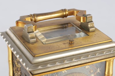 Lot 1551 - A FINE LATE 19TH CENTURY FRENCH REPEATING CARRIAGE CLOCK WITH BRONZE AND GILT HIGHLIGHTED ORIENTALIST PANELS