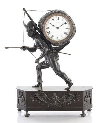 Lot 1379 - A 19TH CENTURY FRENCH BLACKAMOOR PATINATED BRASS MANTEL CLOCK