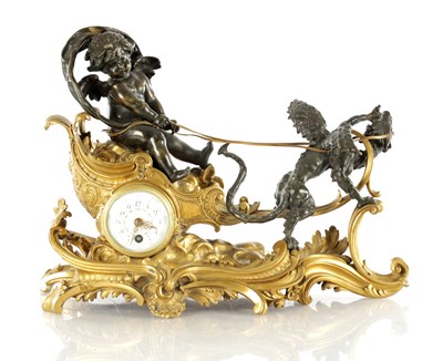 Lot 1576 - A FINE LATE 19TH CENTURY FRENCH BRONZE AND ORMOLU MANTEL CLOCK IN THE MANNER OF FRANCOIS LINKE