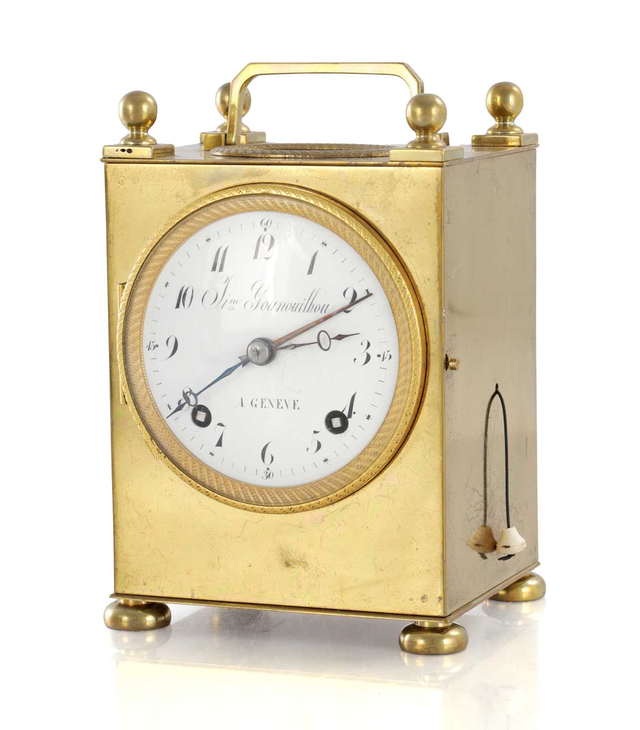 Lot 1553 - SIMON GOUNOUILHOU, A GENEVE. AN EARLY 19TH CENTURY SWISS PETITE SONNERIE CARRIAGE CLOCK