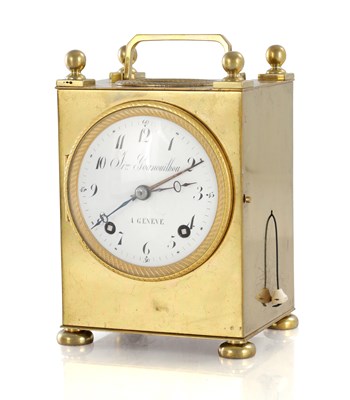 Lot 1553 - SIMON GOUNOUILHOU, A GENEVE. AN EARLY 19TH CENTURY SWISS PETITE SONNERIE CARRIAGE CLOCK