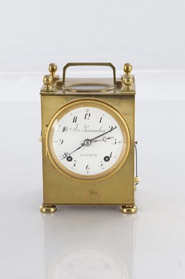 Lot 1553 - SIMON GOUNOUILHOU, A GENEVE. AN EARLY 19TH CENTURY SWISS PETITE SONNERIE CARRIAGE CLOCK