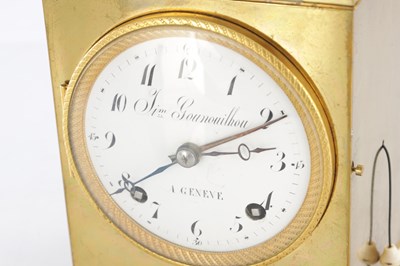 Lot 1553 - SIMON GOUNOUILHOU, A GENEVE. AN EARLY 19TH CENTURY SWISS PETITE SONNERIE CARRIAGE CLOCK