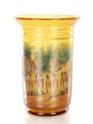 Lot 10 - A LATE 19TH CENTURY AMBER SODA GLASS VASE WITH ENAMELLED SCENE TO THE FRONT