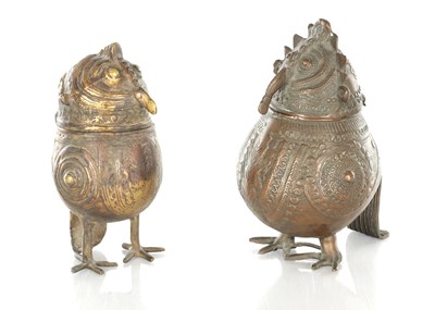 Lot 448 - TWO INDIAN BRONZE DHOKRA TYPE OWL CONTAINERS