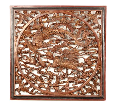 Lot 357 - A CHINESE CARVED PAINTED HANGING PANEL WITH GILT HIGHLIGHTS