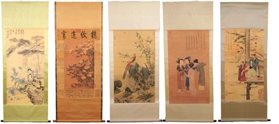 Lot 406 - AN INTERESTING COLLECTION OF FIVE CHINESE HAND PAINTED SCROLLS