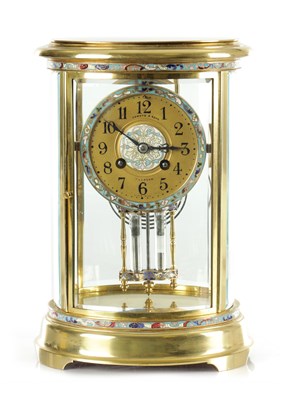 Lot 1332 - A LATE 19TH CENTURY FRENCH BRASS AND CHAMPLEVE ENAMEL OVAL FOUR-GLASS MANTEL CLOCK