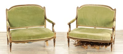 Lot 1749 - A PAIR OF 19TH CENTURY FRENCH GILT GESSO AND EBONISED TWO SEATER SETTEES