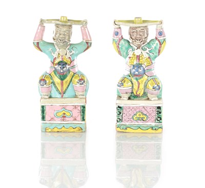 Lot 549 - A PAIR OF CHINESE PORCELAIN FIGURAL CANDLESTICKS