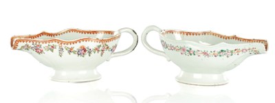 Lot 590 - A PAIR OF CHINESE PORCELAIN ROSE PATTERN SAUCE BOATS