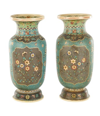 Lot 514 - A PAIR OF JAPANESE MEIJI PERIOD POTTERY CLOISONNE DESIGN PAINTED VASES