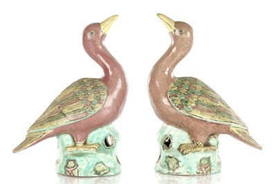 Lot 630 - A LARGE PAIR OF CHINESE PORCELAIN POLYCHROME DECORATED DUCKS