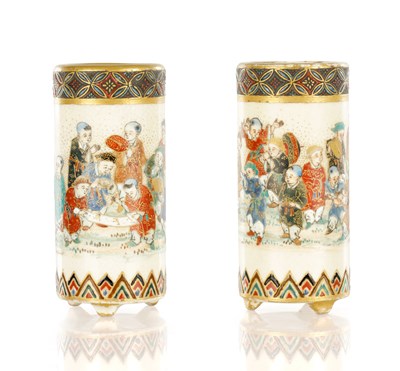 Lot 523 - A PAIR OF MINIATURE JAPANESE MEIJI PERIOD SATSUMA CYLINDRICAL VASES