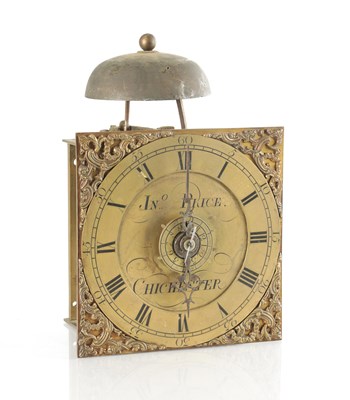 Lot 1502 - JOHN PRICE, CHICHESTER. A SMALL 18TH CENTURY 30-HOUR HOODED WALL CLOCK MOVEMENT