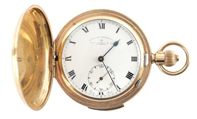 Lot 1275 - THOMAS RUSSELL & SON, LIVERPOOL. A GOLD PLATED FULL HUNTER QUARTER REPEATING POCKET WATCH