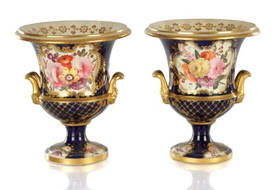 Lot 18 - A PAIR OF ROYAL DERBY CERAMIC URN SHAPED VASES