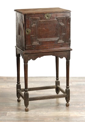 Lot 1613 - A 17TH CENTURY WALNUT AND OAK COLLECTORS CABINET ON STAND