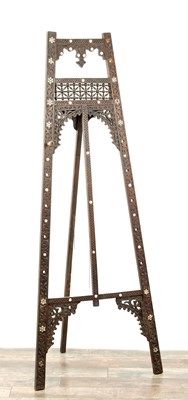 Lot 317 - A 19TH CENTURY CARVED HARDWOOD AND MOTHER OF PEARL INLAID EASTERN EASEL