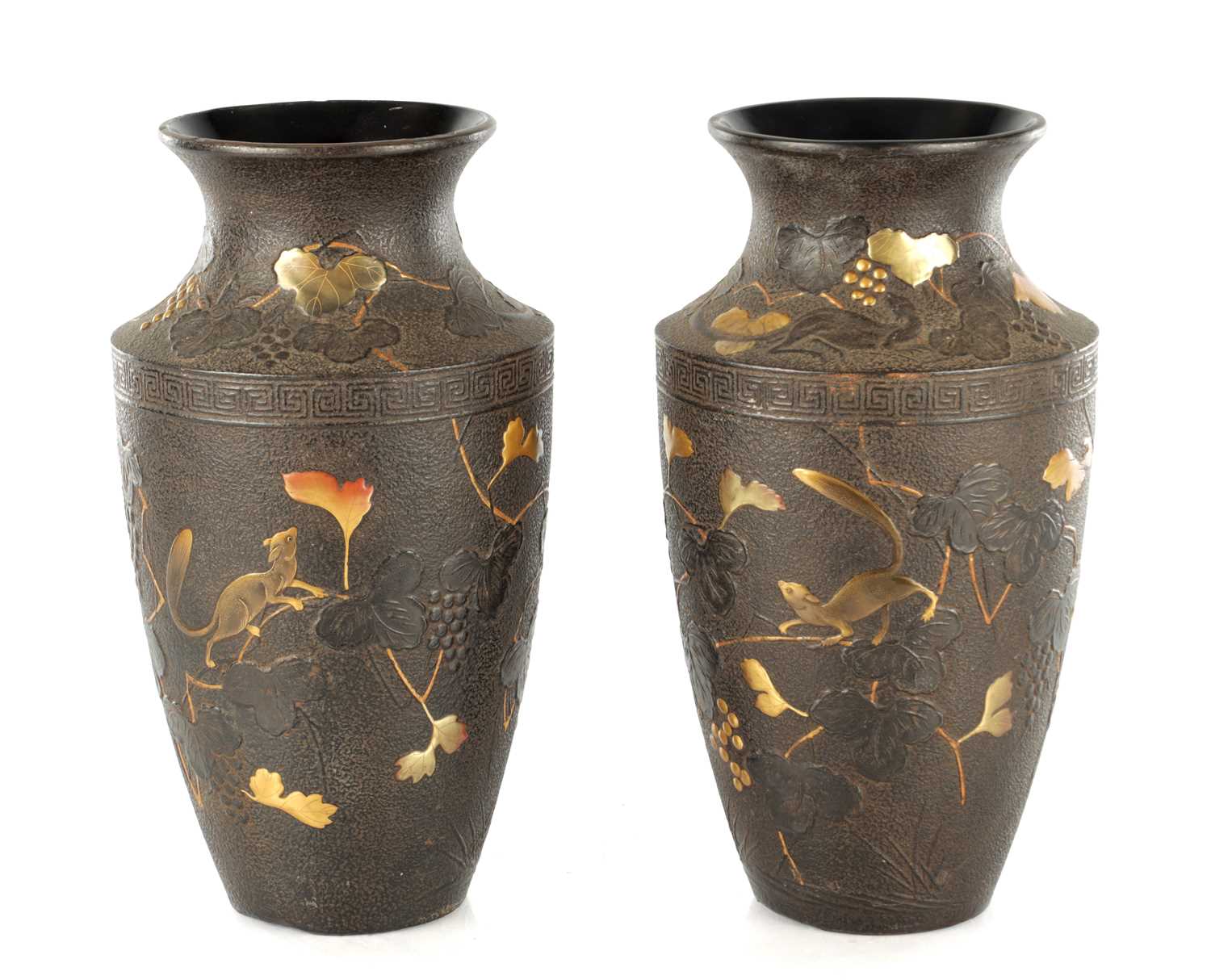 Lot 563 - A PAIR OF JAPANESE MEIJI PERIOD BRONZE AND MIXED METAL VASES