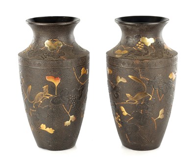 Lot 563 - A PAIR OF JAPANESE MEIJI PERIOD BRONZE AND MIXED METAL VASES