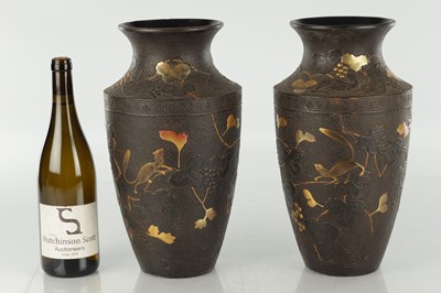 Lot 563 - A PAIR OF JAPANESE MEIJI PERIOD BRONZE AND MIXED METAL VASES