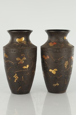 Lot 563 - A PAIR OF JAPANESE MEIJI PERIOD BRONZE AND MIXED METAL VASES