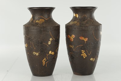 Lot 563 - A PAIR OF JAPANESE MEIJI PERIOD BRONZE AND MIXED METAL VASES