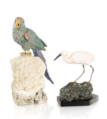Lot 844 - A SET OF TWO 20TH CENTURY CARVED HARDSTONE SCULPTURES OF EXOTIC BIRDS