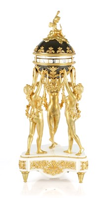 Lot 1533 - A GOOD 19TH CENTURY FRENCH GILT BRONZE AND WHITE MARBLE ‘CERCLES TOURNANTS’ FIGURAL MANTEL CLOCK