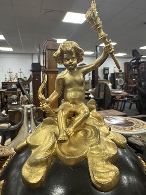Lot 1533 - A GOOD 19TH CENTURY FRENCH GILT BRONZE AND WHITE MARBLE ‘CERCLES TOURNANTS’ FIGURAL MANTEL CLOCK