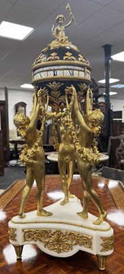 Lot 1533 - A GOOD 19TH CENTURY FRENCH GILT BRONZE AND WHITE MARBLE ‘CERCLES TOURNANTS’ FIGURAL MANTEL CLOCK