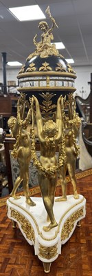 Lot 1533 - A GOOD 19TH CENTURY FRENCH GILT BRONZE AND WHITE MARBLE ‘CERCLES TOURNANTS’ FIGURAL MANTEL CLOCK