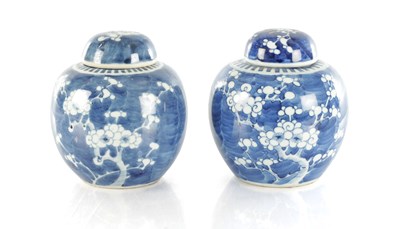 Lot 593 - A PAIR OF LATE 19TH CENTURY CHINESE BLUE AND WHITE PORCELAIN GINGER JARS AND COVERS