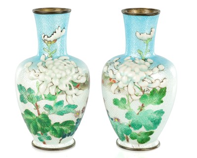 Lot 345 - A PAIR OF JAPANESE GINBARI CLOISONNE ENAMEL VASES