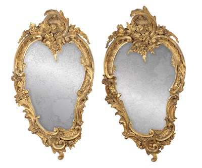 Lot 1646 - A PAIR OF 19TH CENTURY ITALIAN GILT GESSO ROCOCO-STYLE HANGING MIRRORS
