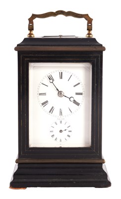 Lot 1376 - AN UNUSUAL 19TH CENTURY FRENCH EBONISED REPEATING CARRIAGE CLOCK RETAILED BY BARWISE