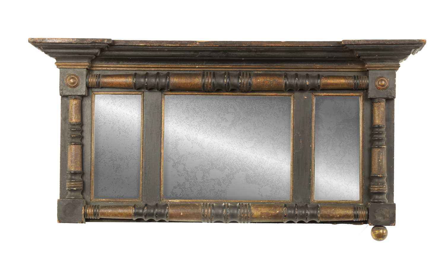 Lot 1694 - A SMALL REGENCY EBONISED AND GILT OVERMANTEL MIRROR