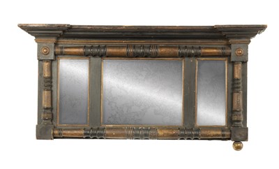 Lot 1694 - A SMALL REGENCY EBONISED AND GILT OVERMANTEL MIRROR