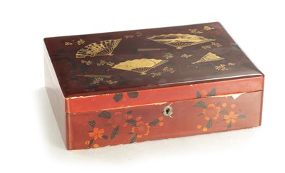 Lot 352 - A 20TH CENTURY RED LACQUERED CHINESE BOX WITH MOTHER OF PEARL GAME PIECES