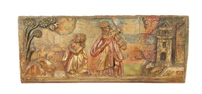 Lot 997 - A 16TH / 17TH CENTURY CARVED PINE POLYCHROME PANEL