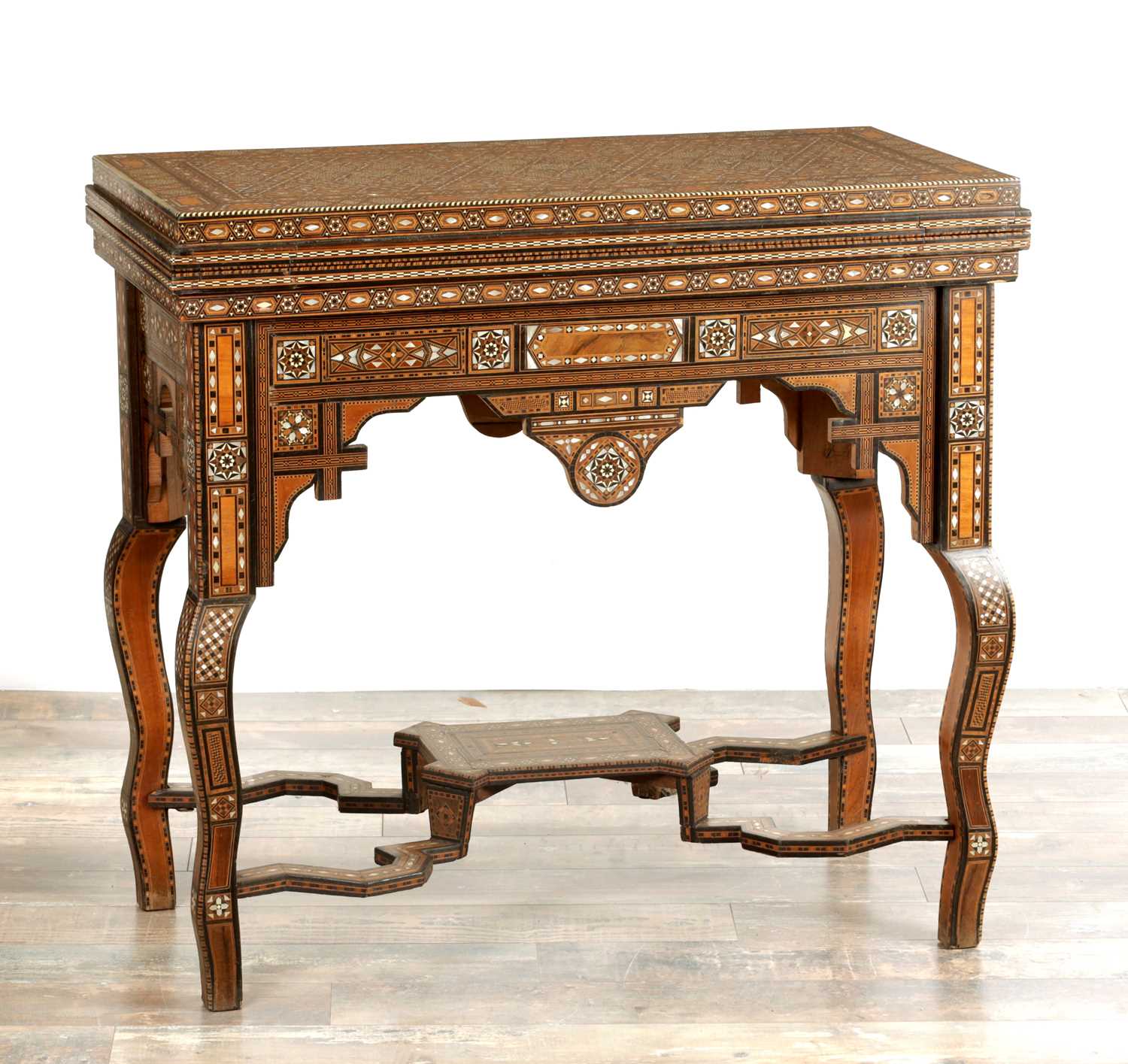 Lot 1659 - A 19TH CENTURY SYRIAN MOSAIC MARQUETRY MOTHER OF PEARL INLAID GAMES TABLE